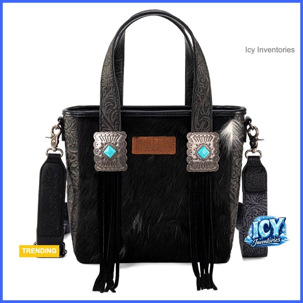 Genuine Hair-On Cowhide Tote Bag with Turquoise Stone Concho
